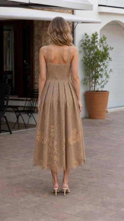 Back view of model wearing khaki floral lace midi dress