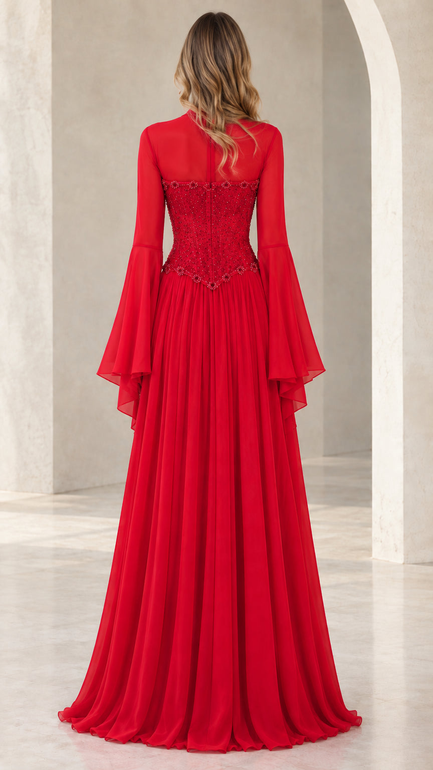 Red chiffon maxi evening dress back view showing sheer sleeves