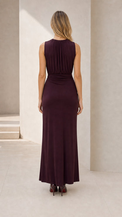 Back view of burgundy maxi dress