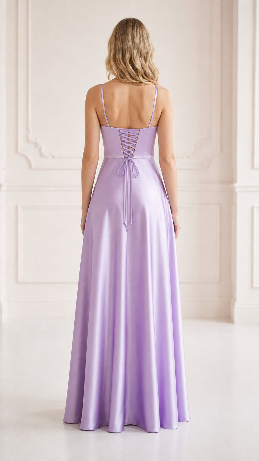 Back view of model showing lace-up corset back detail on lilac satin maxi dress