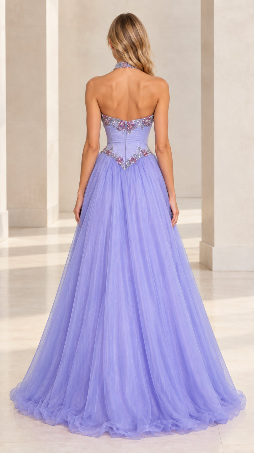 Back view of model in lavender strapless A-line formal gown with zip closure