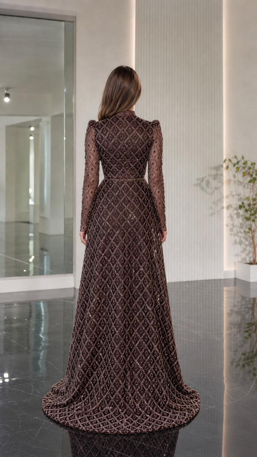 Back view of chocolate brown high neck beaded maxi dress with subtle train
