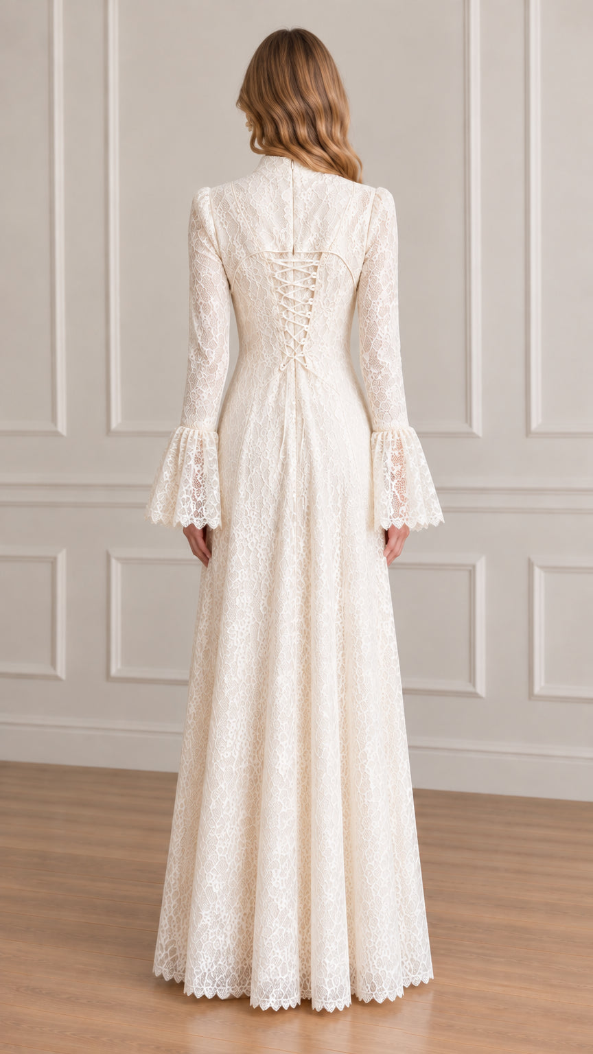 Back view of ivory lace maxi dress showing adjustable corset lace-up detail