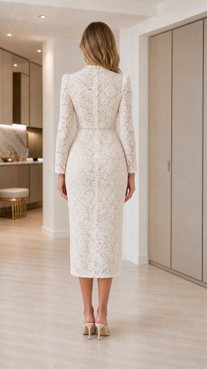 Back view of woman wearing tailored ivory lace midi dress with back zipper