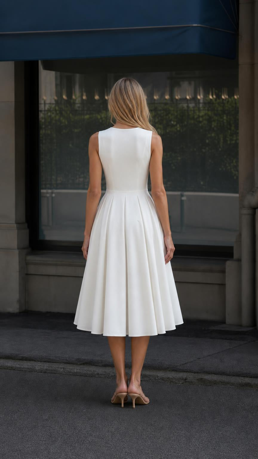 Back view of the white fit-and-flare midi dress