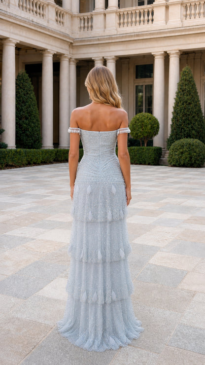 Back view of light blue evening dress