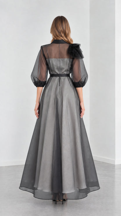 Back view of model showcasing the A-line drape and sheer upper back of Charcoal Grey gown