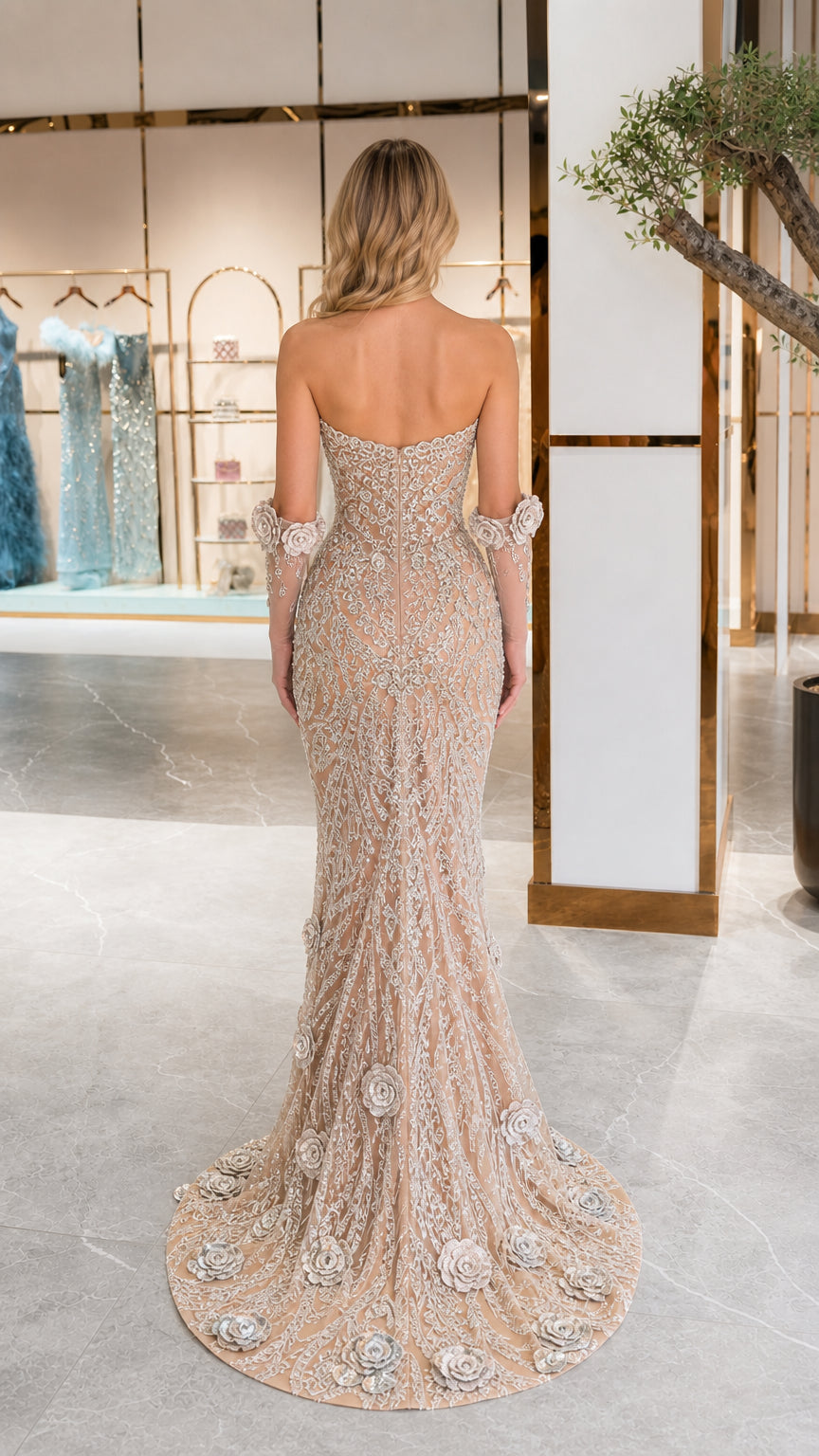 Back view of nude floor-length evening dress