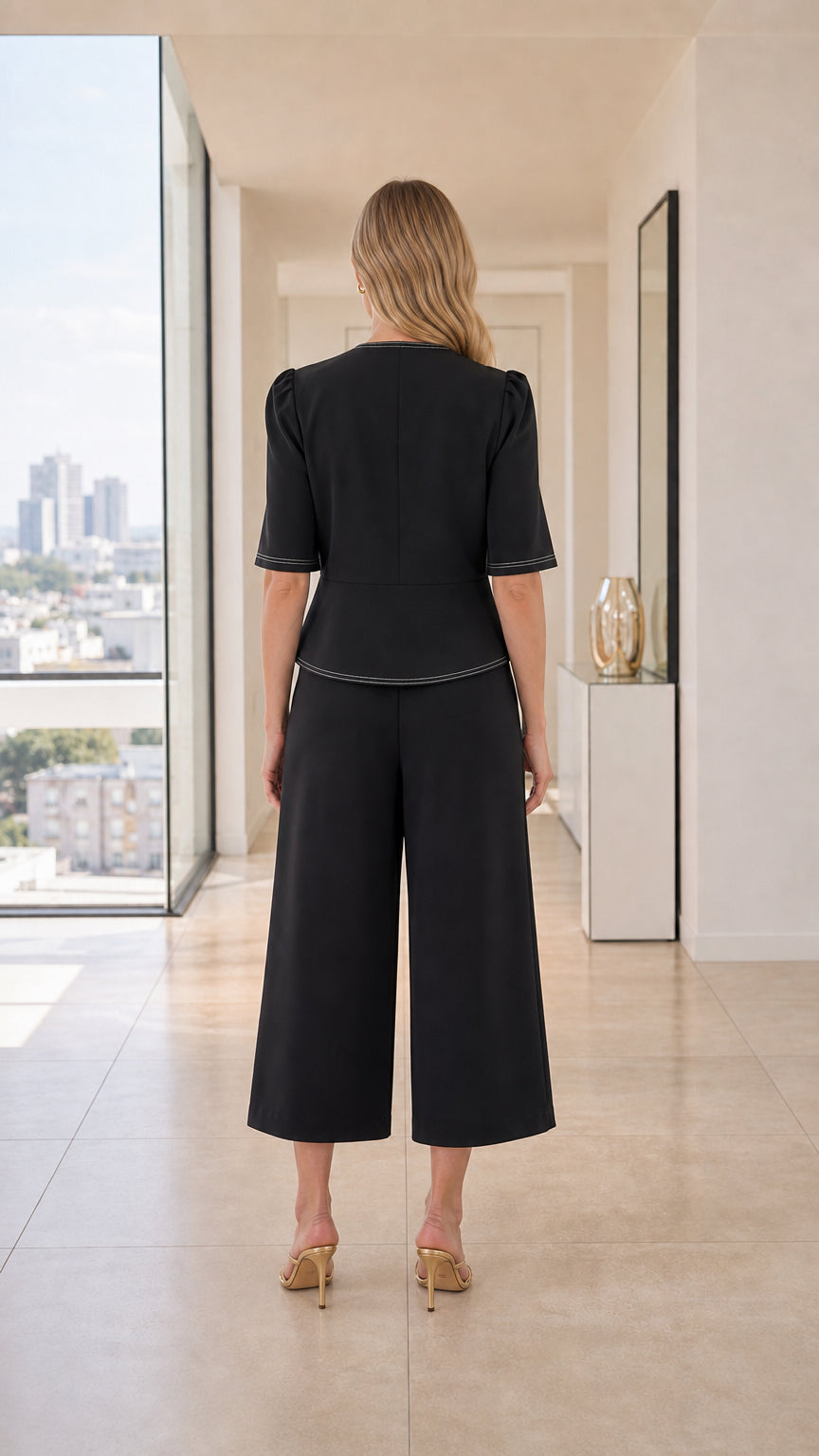 Back view of model wearing black two-piece co-ord set with puff shoulders