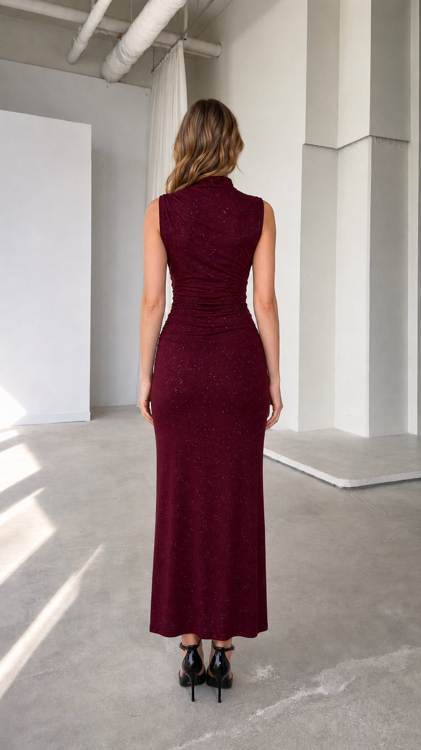 Burgundy fitted shimmer evening maxi dress back view