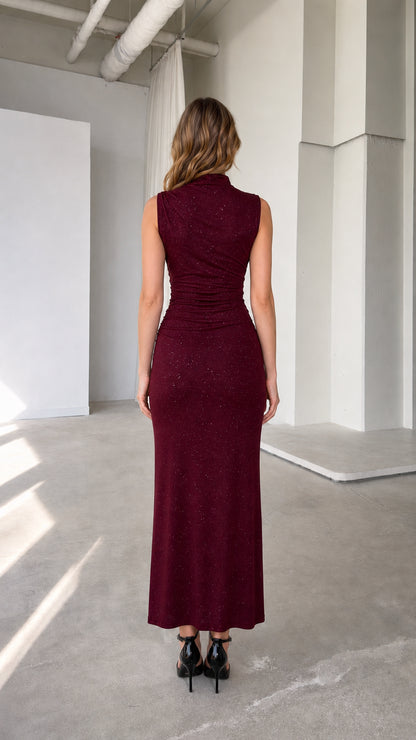Burgundy fitted shimmer evening maxi dress back view
