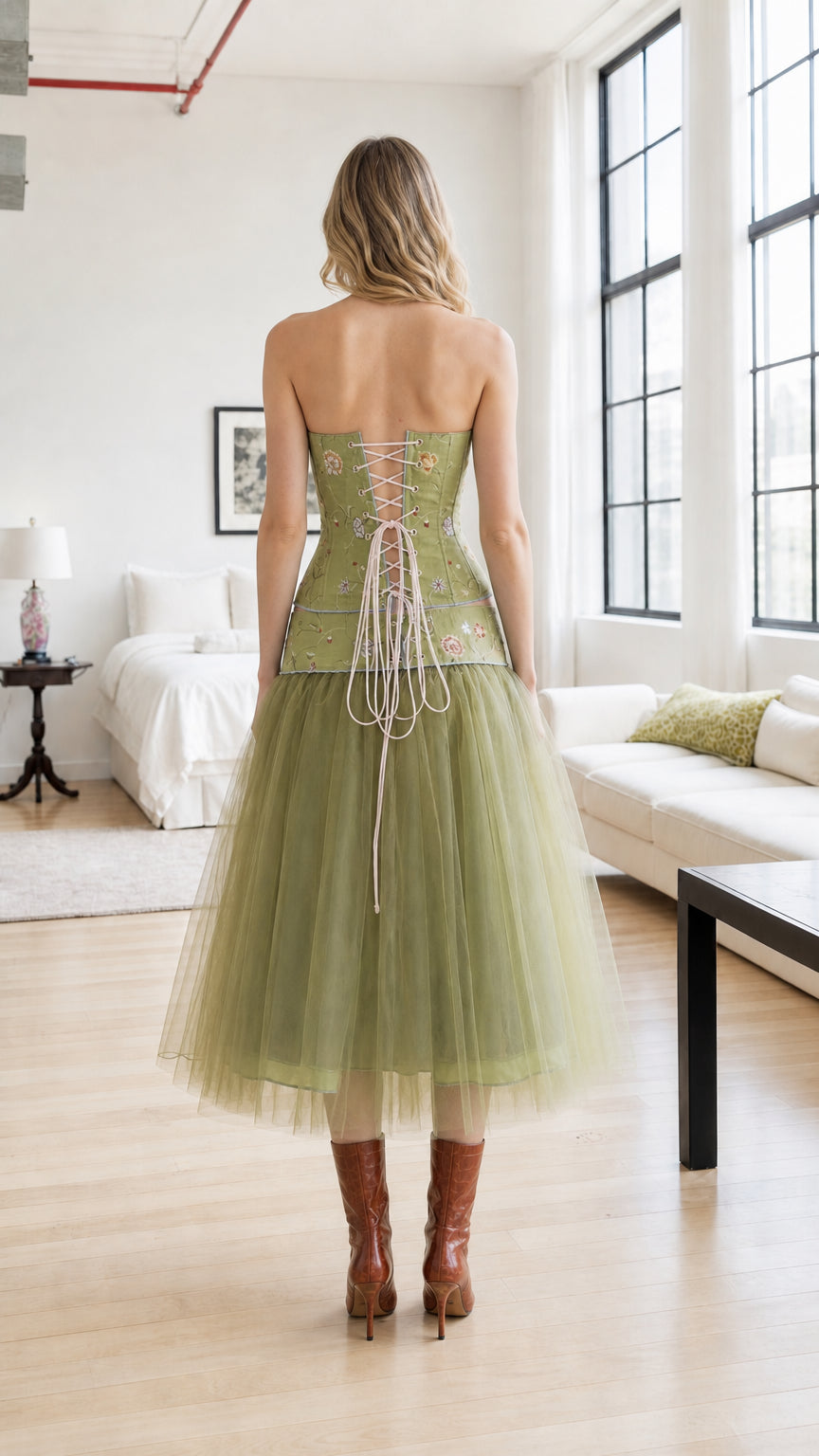 Back view showcasing lace-up corset detail on sage green set