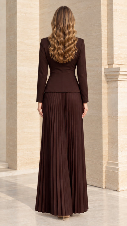 Back view of model in Chocolate Brown floor-length pleated blazer dress