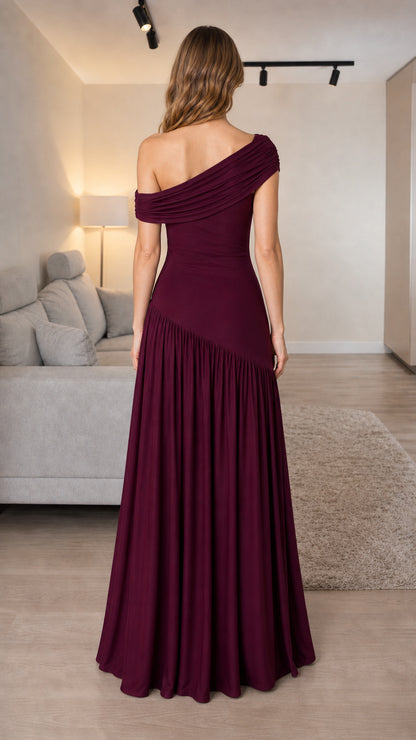 Back view of burgundy one-shoulder pleated maxi dress