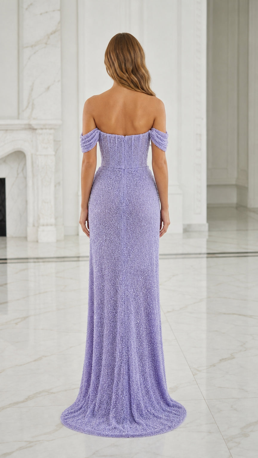 Back view of model in lavender beaded gown with sweep train