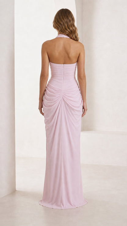 Back view showing halter strap and draped back detail