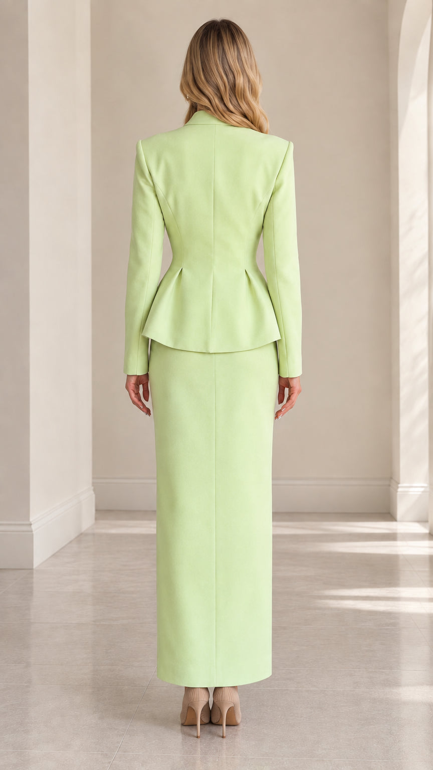 Back view of model showcasing structured fit of mint green peplum suit