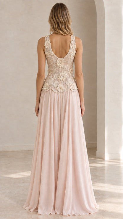 Back view of model in Blush Pink V-neck back chiffon maxi dress