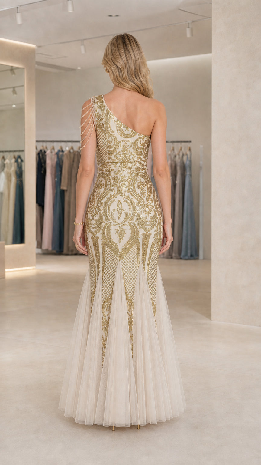 Champagne Gold formal maxi gown back view with one-shoulder design and tulle flare