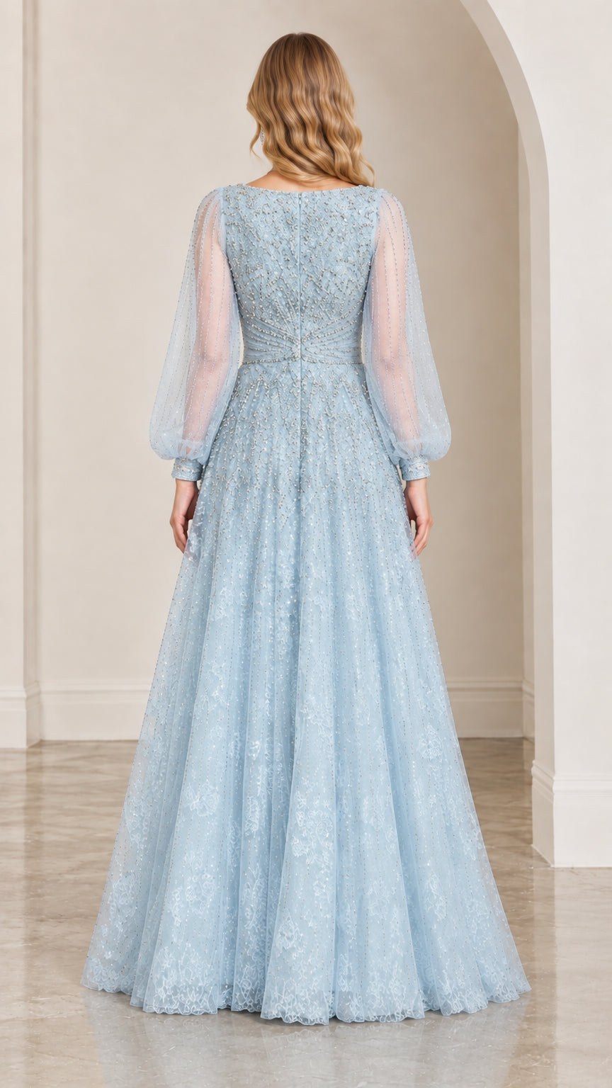 Back view of Light Blue floor-length evening dress with sheer sleeves