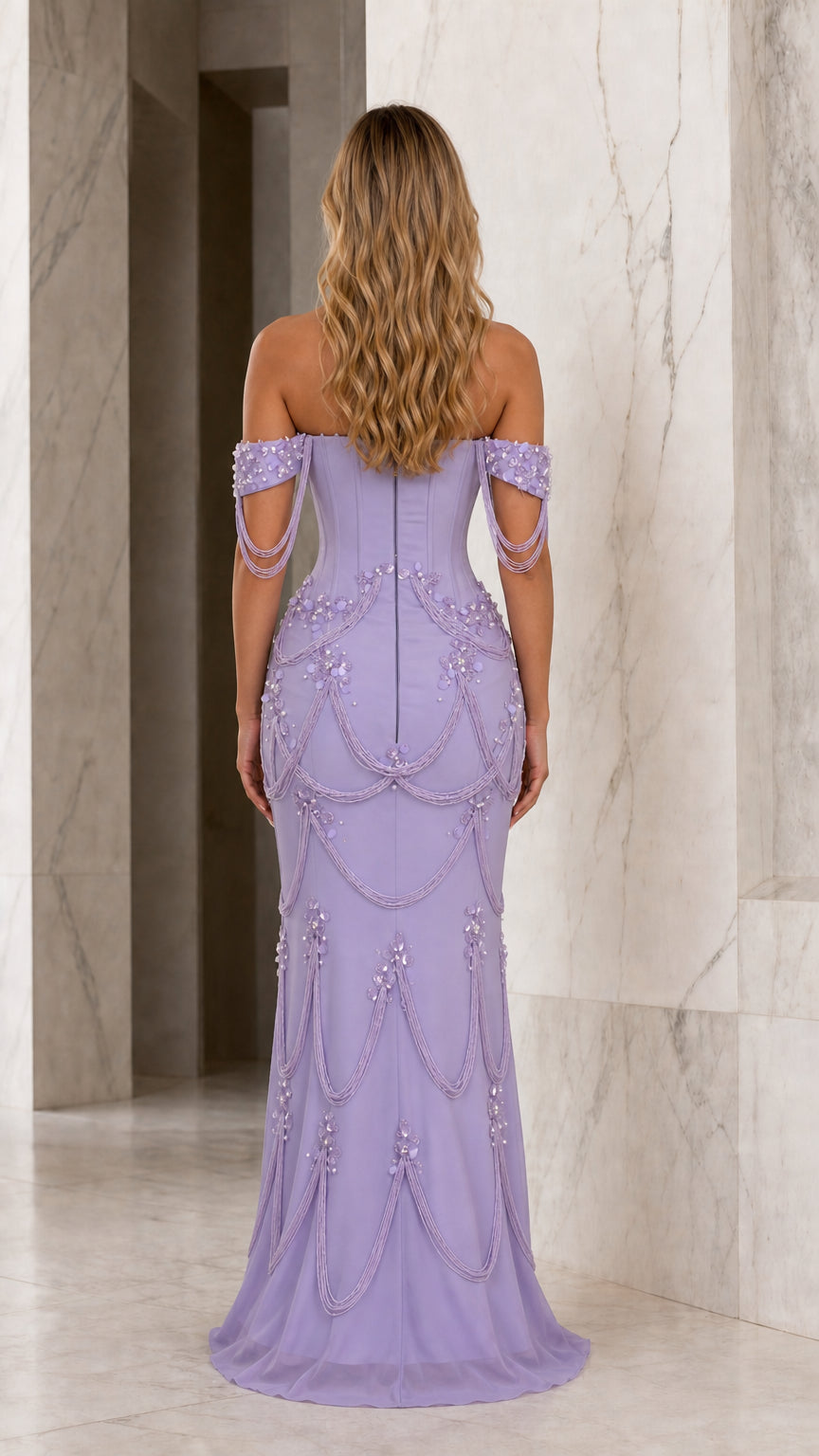 Back view of lavender mermaid evening dress with train