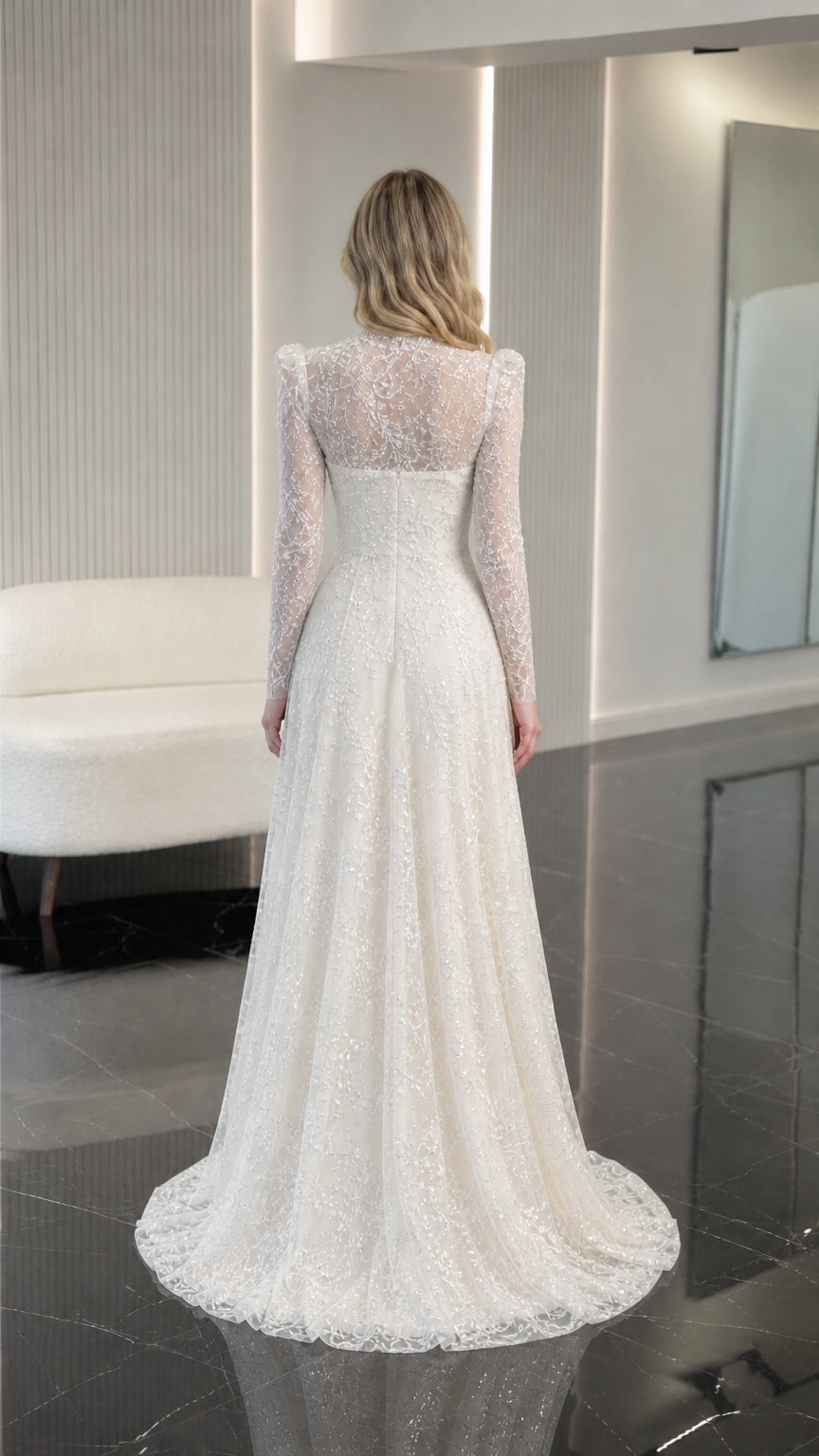 Ivory high neck formal gown back view showing flowing skirt