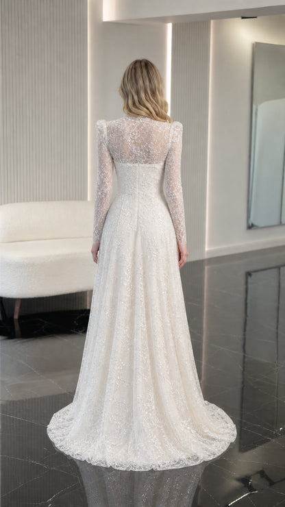 Ivory high neck formal gown back view showing flowing skirt