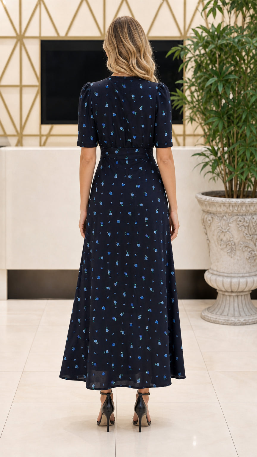 Back view of model showcasing the silhouette of Navy Blue floral maxi dress