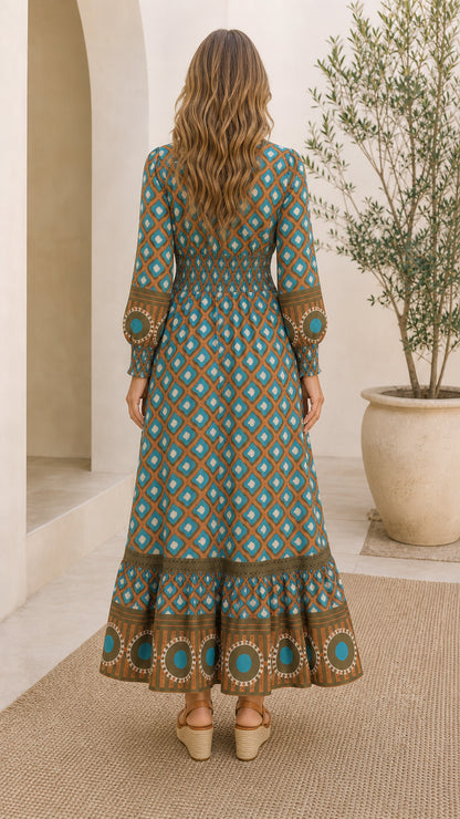 Back view of model wearing Teal Brown long sleeve boho maxi dress