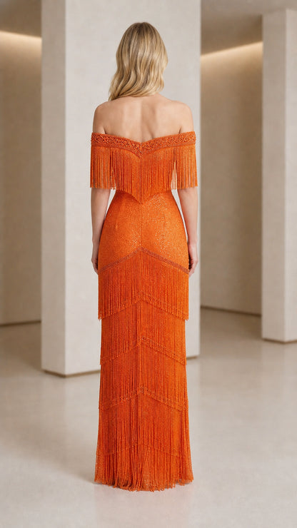 Back view of orange off-shoulder formal gown