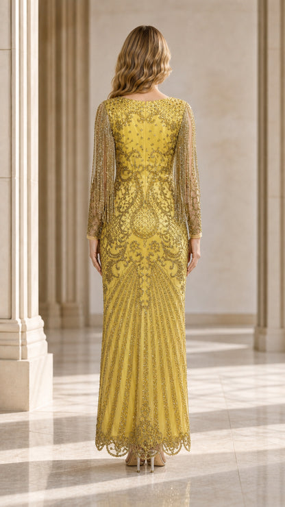 Back view of yellow beaded evening gown