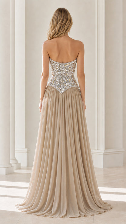 Back view of strapless maxi dress in champagne
