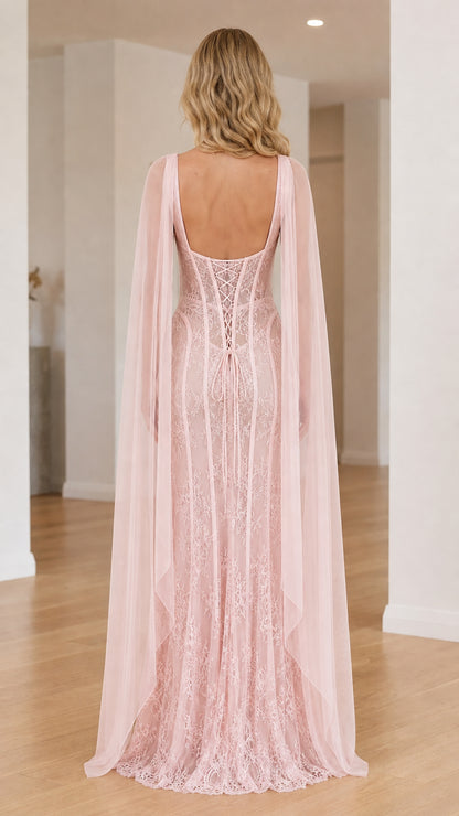 Back view showcasing the lace-up detail and cape