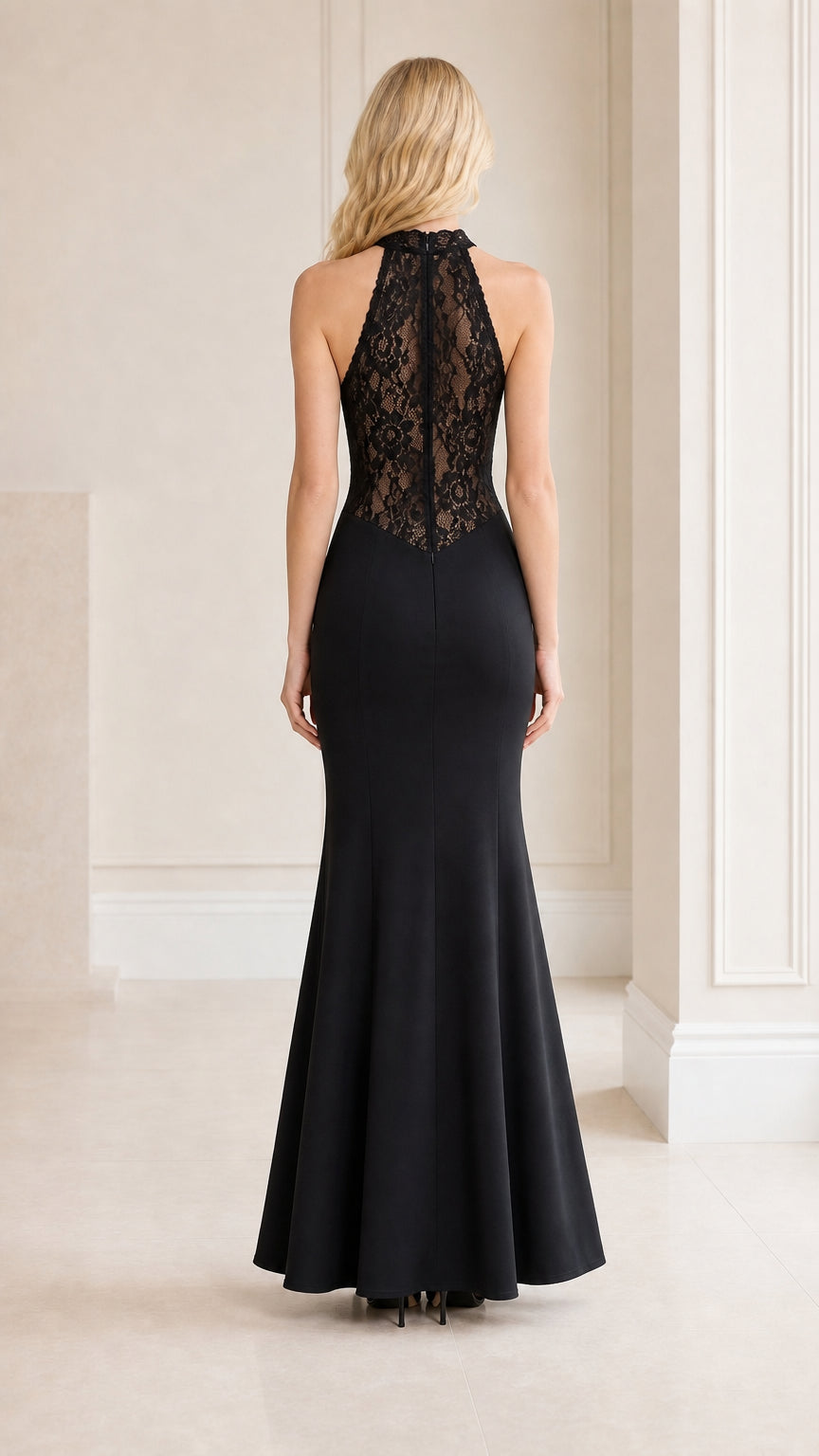 Back view showing lace back detail on black dress