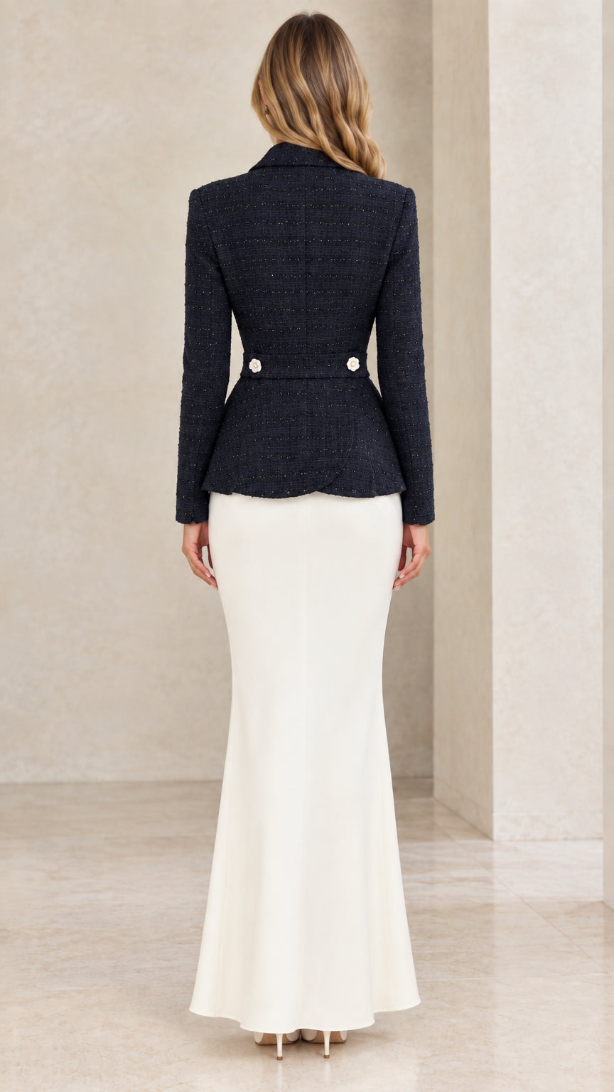 Back view of Navy Blue tweed peplum jacket showing clean tailoring