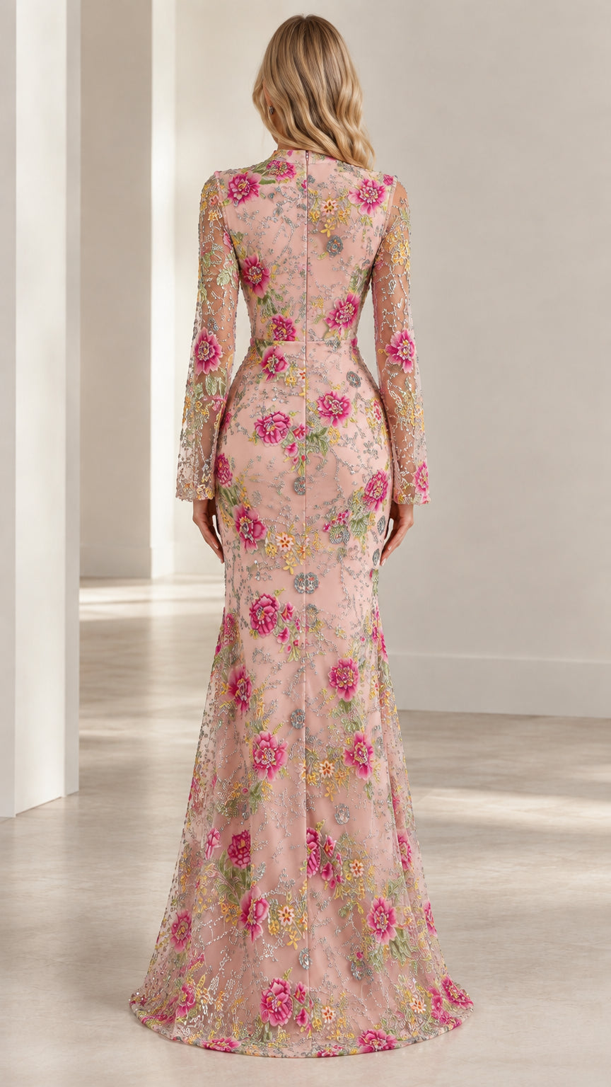 Back view of Blush Pink formal evening gown with concealed zipper