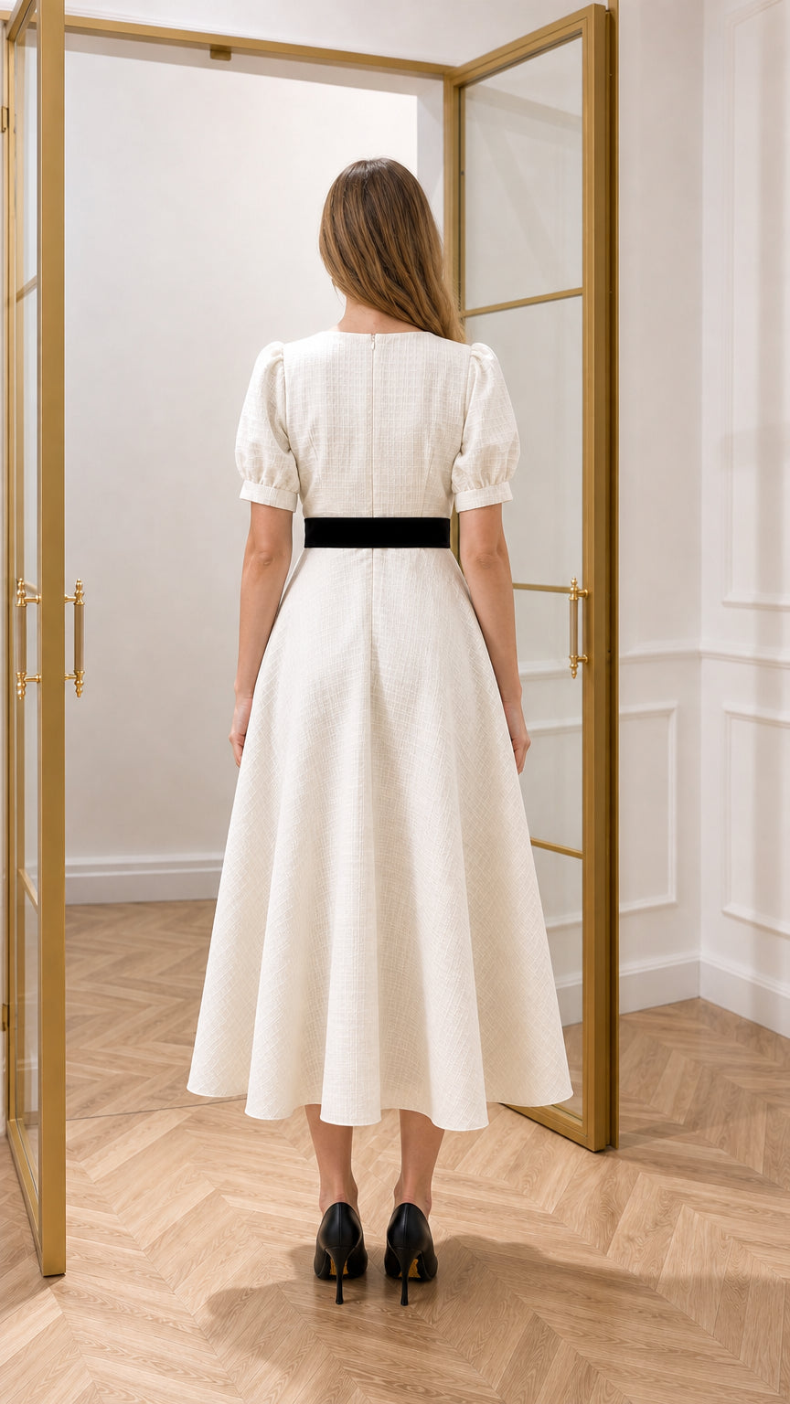 Back view of cream textured midi dress showing structured flared skirt