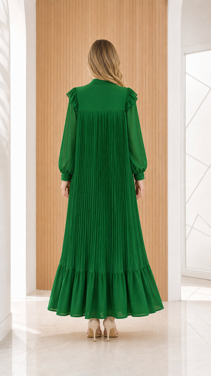 Emerald green flowy pleated maxi dress - back view