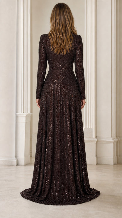 Back view of model in Chocolate long-sleeve sequin maxi evening gown