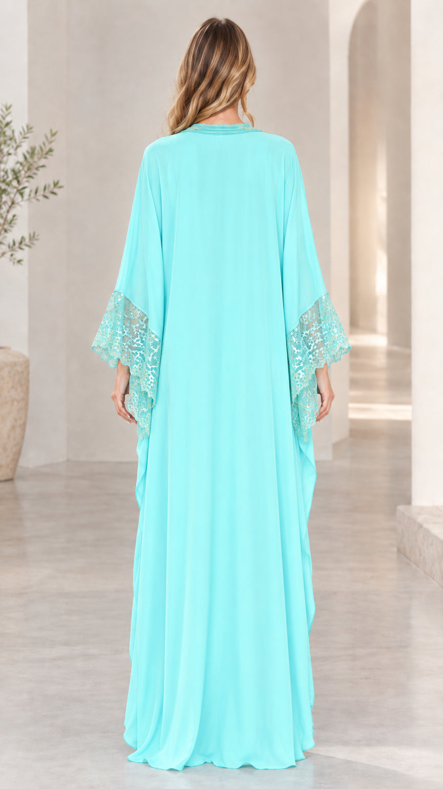 Back view of aqua blue relaxed fit full-length caftan dress