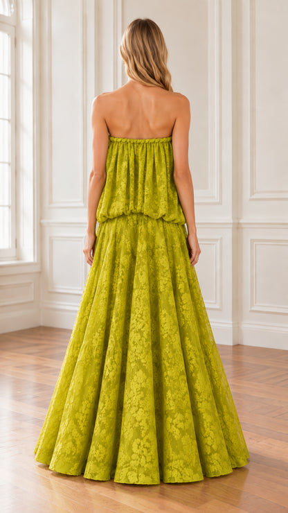 Back view of model wearing Chartreuse Green strapless gathered maxi dress