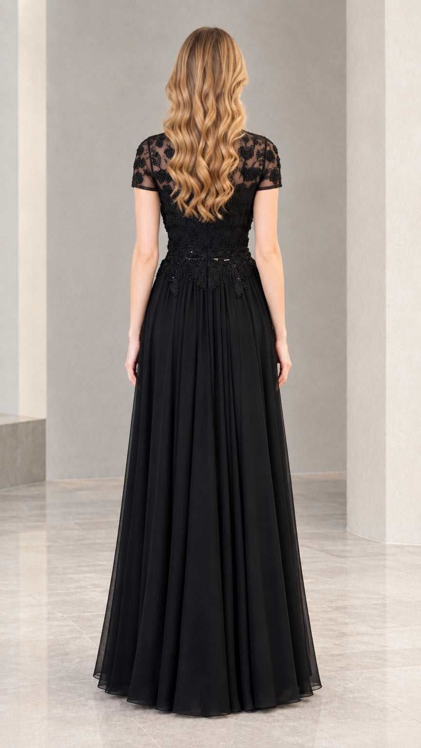 Black lace illusion short sleeve maxi dress back view