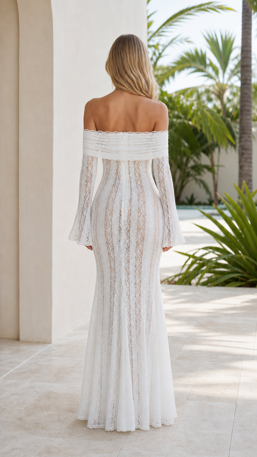 Back view of model wearing white off-shoulder lace gown