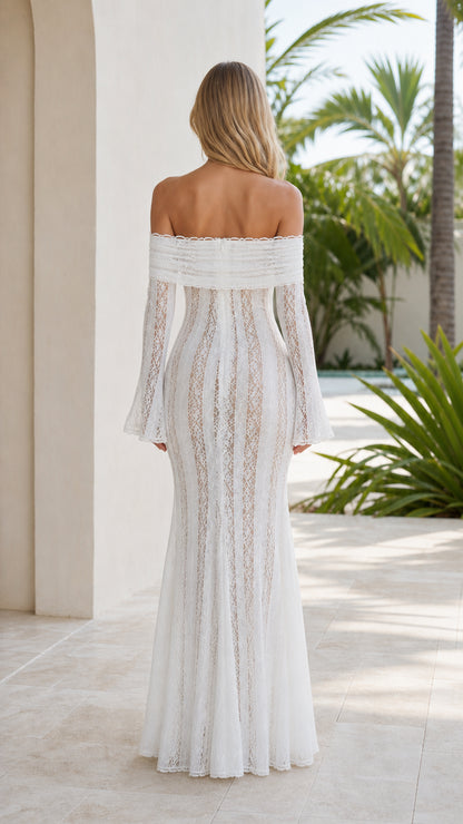 Back view of model wearing white off-shoulder lace gown