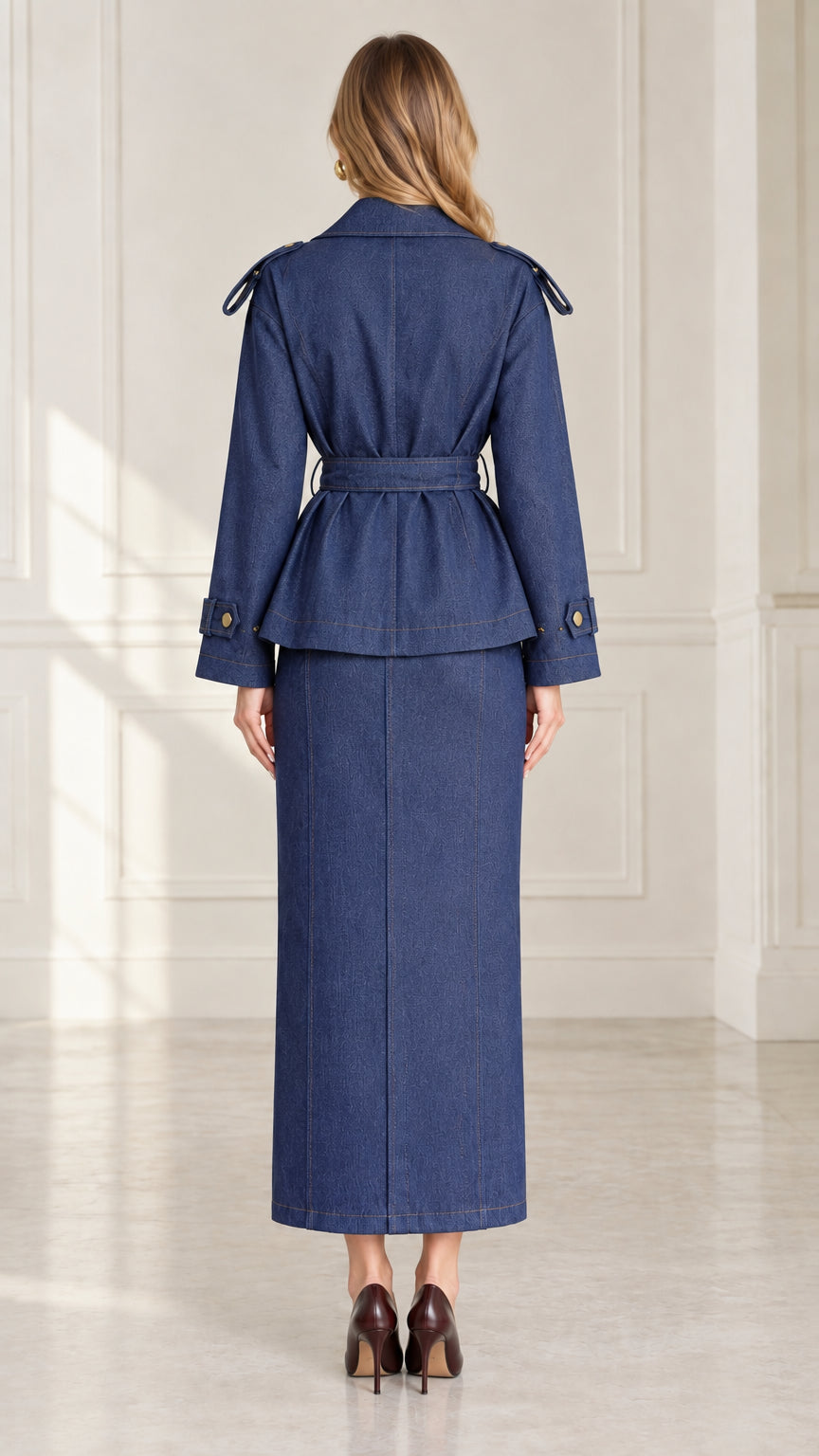 Back full-length view of women's denim blue belted jacket and column maxi skirt ensemble