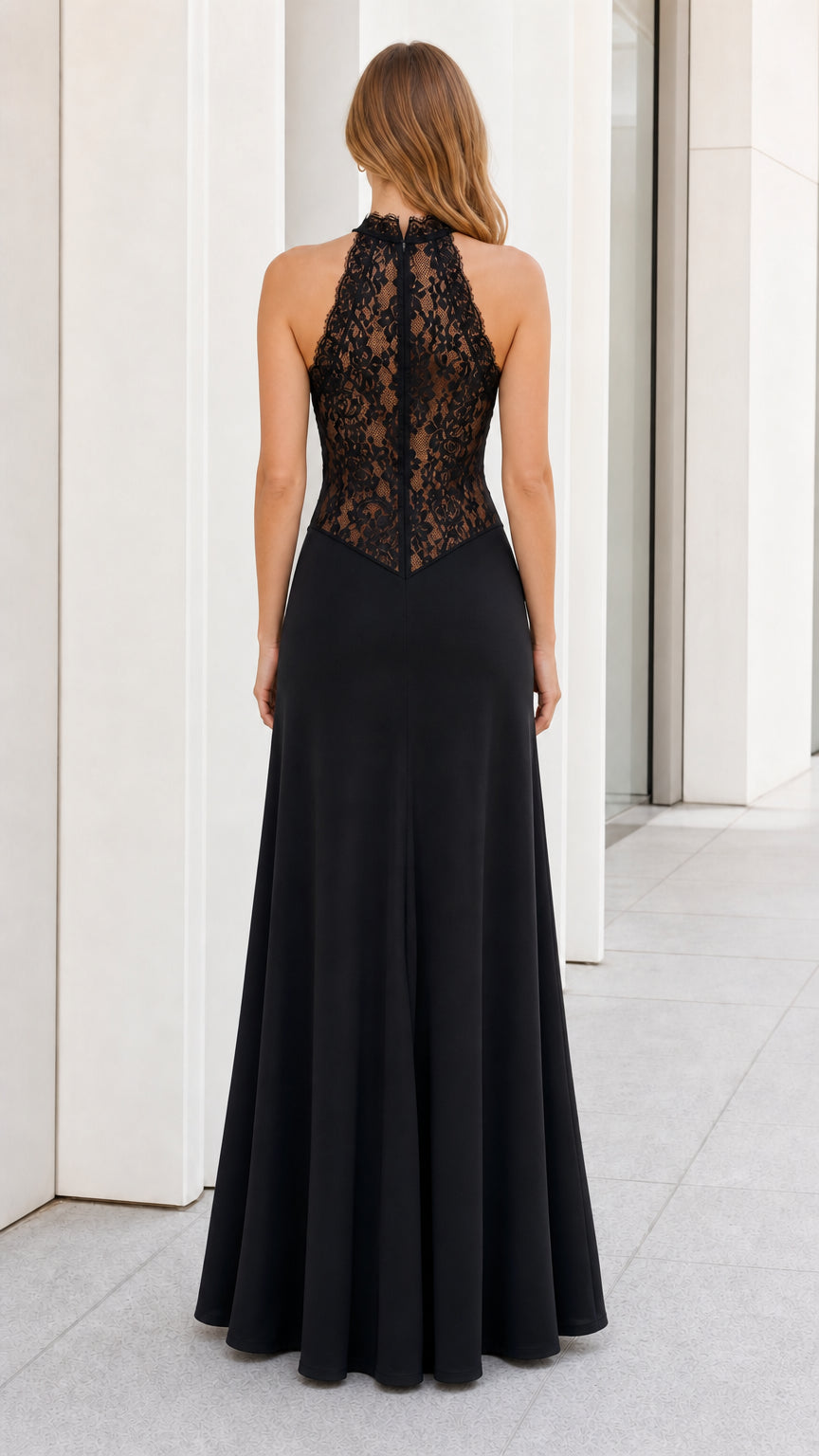 Back view showing lace panel detail on black dress