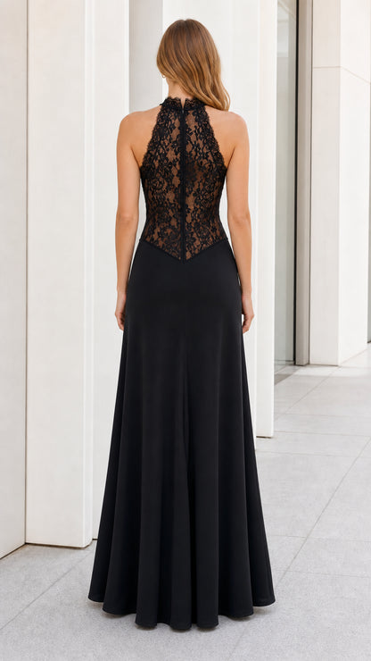 Back view showing lace panel detail on black dress