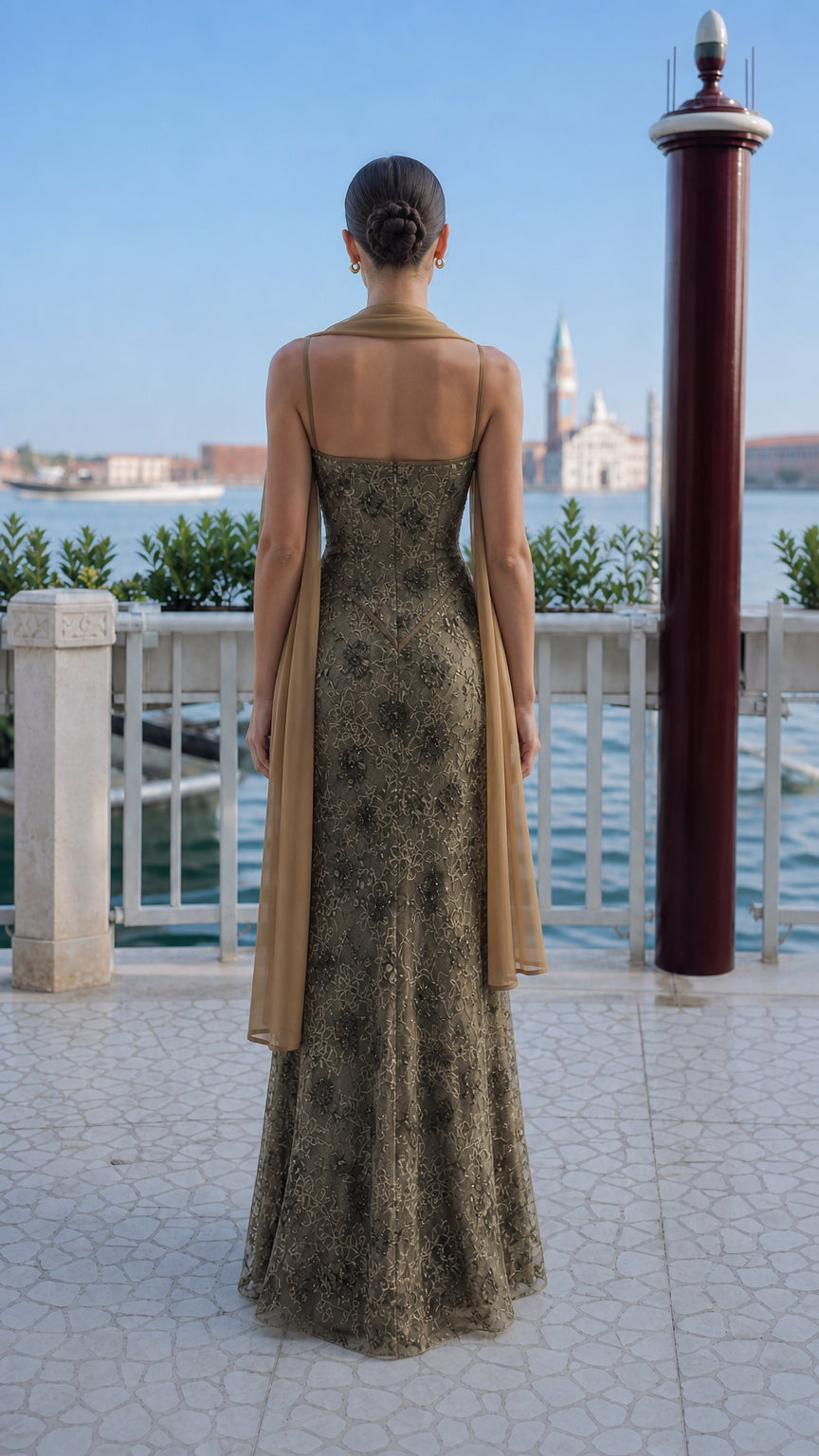 Back view of olive evening gown showing silhouette
