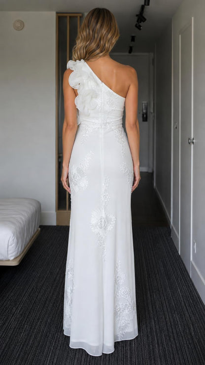 Back view of white one-shoulder evening dress