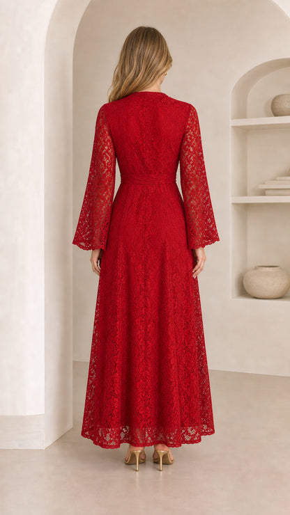 Back view of model wearing a red lace A-line evening maxi dress